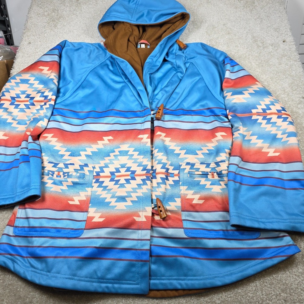 Aztec Southwestern Hooded Jacket Women Large‎ Blue Orange Toggle Coat Western